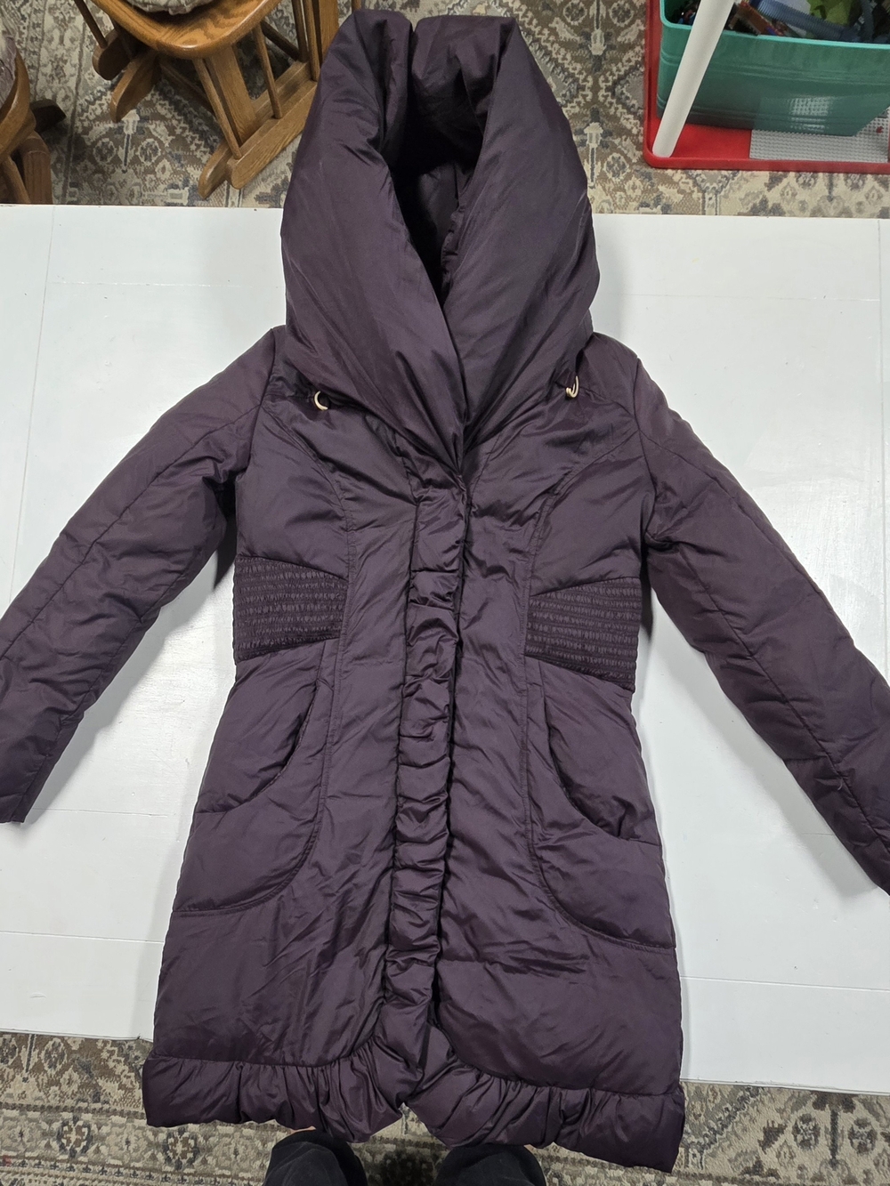 T Tahari Plum Long Puffer Coat with Oversized Collar